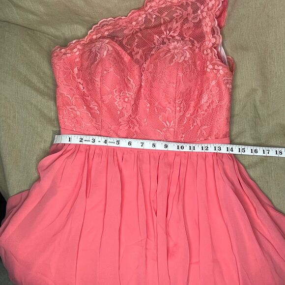 NWT JJs House Watermelon One Shoulder Long Lace Chiffon Bridesmaid‎ Dress US10 - Picture 12 of 14